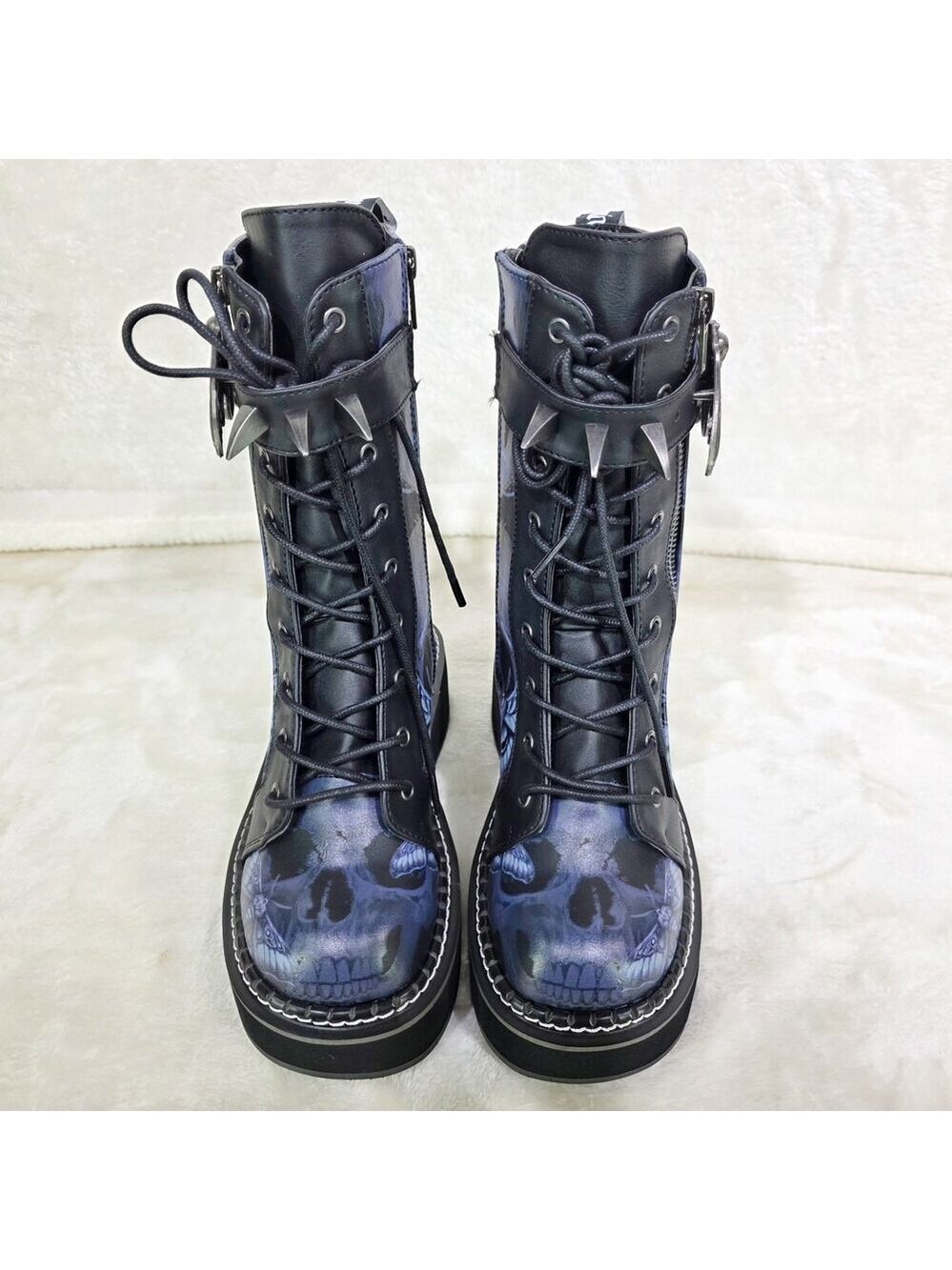 NIB NEW DEMONIA Emily Death Moth Skull Graphic Platform Goth Punk Mid Calf Boots - Picture 9 of 16